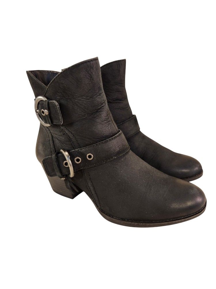 EARTH (KALSO) ANKLE ZIPPER 2 BUCKLES BLACK OLIVE BOOTS SIZE 7 B WOMAN