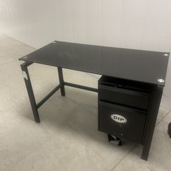 Back Desk With glass On top And Black Metal Base, Legs and 2 Drawers