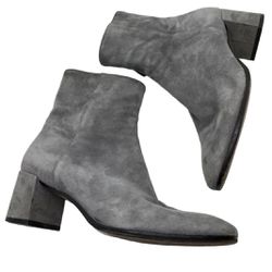 Grey Suede Ankle Boots, Gray Block Heel Booties, Size 37.5