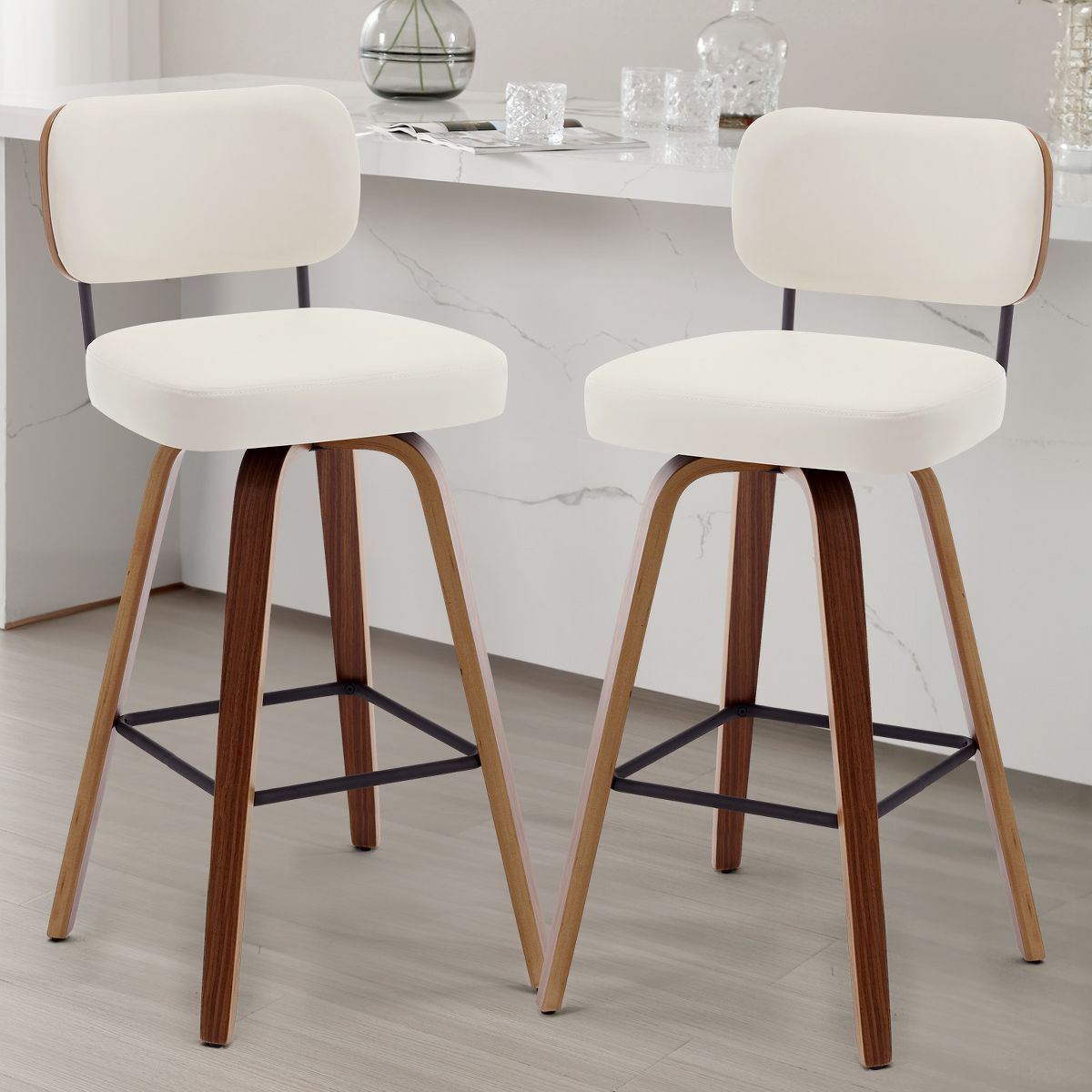 Swivel PU Bar Stools 26" Counter Height Upholstered with Leather Mid-Back Wood Legs, Modern Chair Island Stool for Kitchen, Cream White $120/2pcs