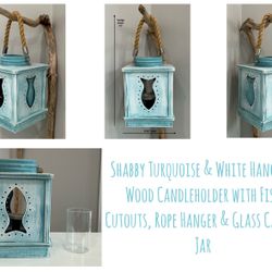 Shabby Turquoise & White Hanging Wood Candleholder with Fish Cutouts, Rope Hanger & Glass Candle Jar