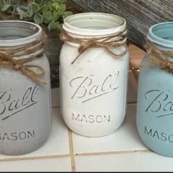 Chalk painted distressed PINT mason jars gift wedding - gray white blue