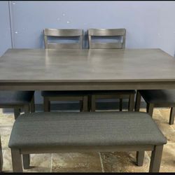 Bridson Gray Dining Table and Chairs with Bench (Set of 6) ♥ 519