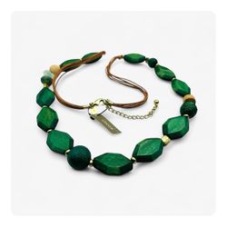 NWT Chico’s Wooden Beaded Leather Cord Necklace - Multicolored Green