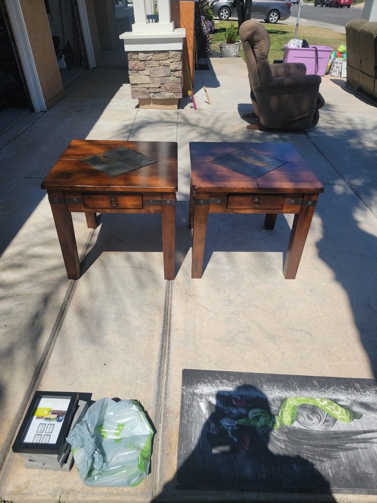 Set of End Tables Solid Wood Rustic Stone Tile Top