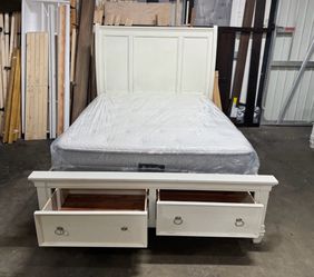 Queen White Wood Bed Frame with Storage Drawers