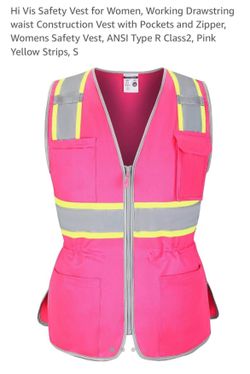 Safety Vest Size Small Women, Working Drawstring waist Construction Vest with Pockets and Zipper, Womens Safety Vest, ANSI Type R Class2, Pink Yellow