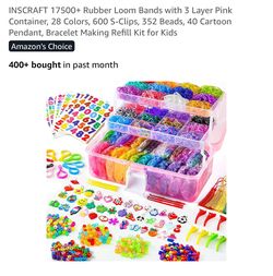 INSCRAFT 17500+ Rubber Loom Bands with 3 Layer Pink Container, 28 Colors, 600 S-Clips, 352 Beads, 40 Cartoon Pendant, Bracelet Making Refill Kit for K