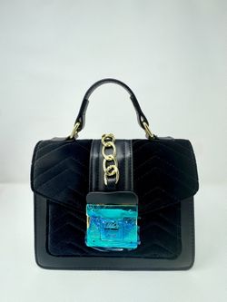 Black Faux Leather & Suede Structured Top Handle Bag with Gold Chain Accent
