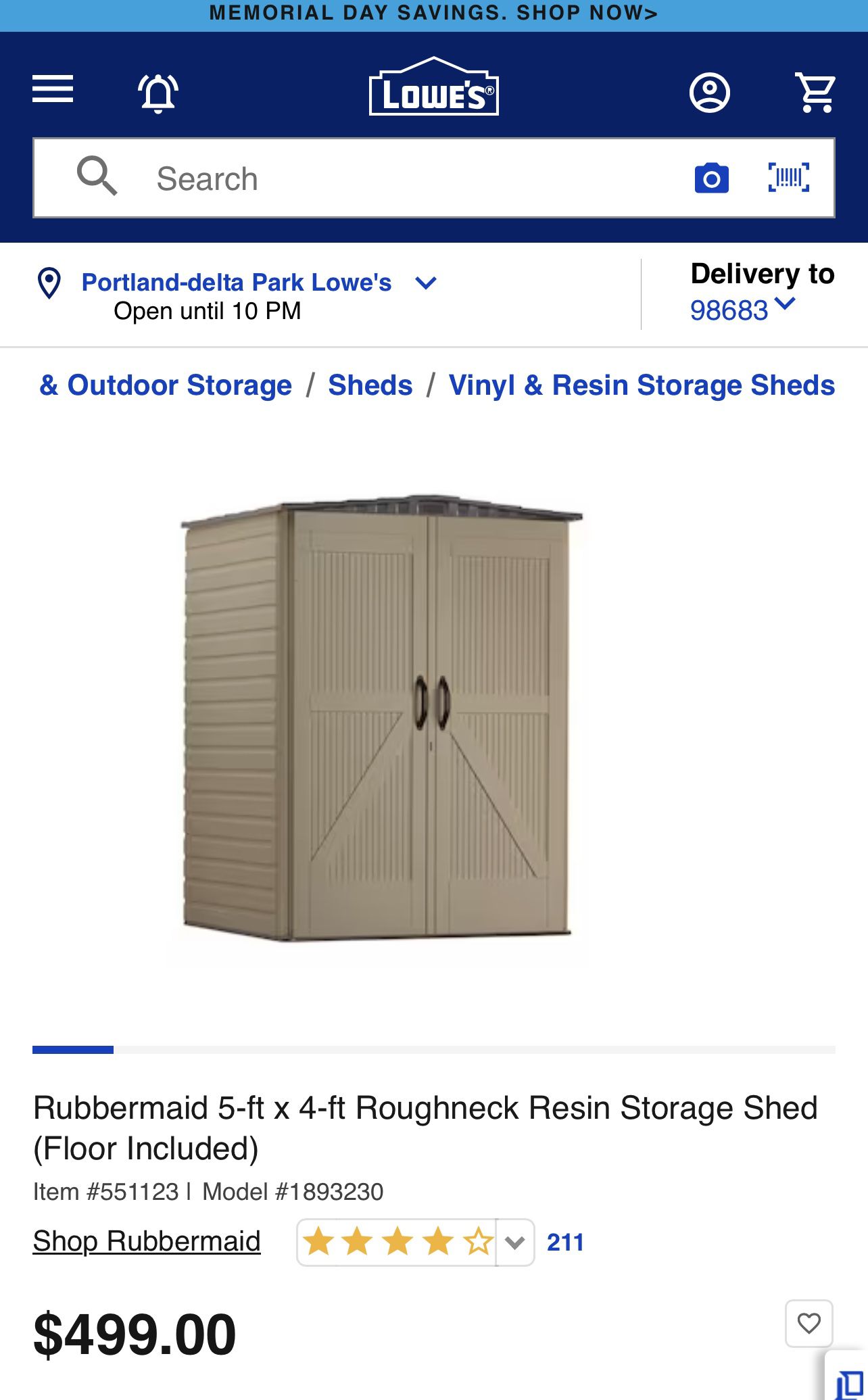 Rubbermaid 5x4 Ft Resin Weatherproof Outdoor Storage Shed, Canteen  Brown/Putty, 1 Piece - Pick 'n Save