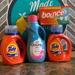 2-Tide Detergent 32oz 1-Downy 44oz 1-105 Bounce Sheets All For $20