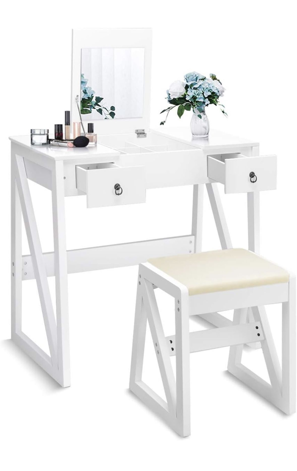 Vanity Set with Flip Top Mirror and 2 Drawers 9 Organizers, Dual Modern Makeup Dressing Table Writing Desk with Cushioned Stool