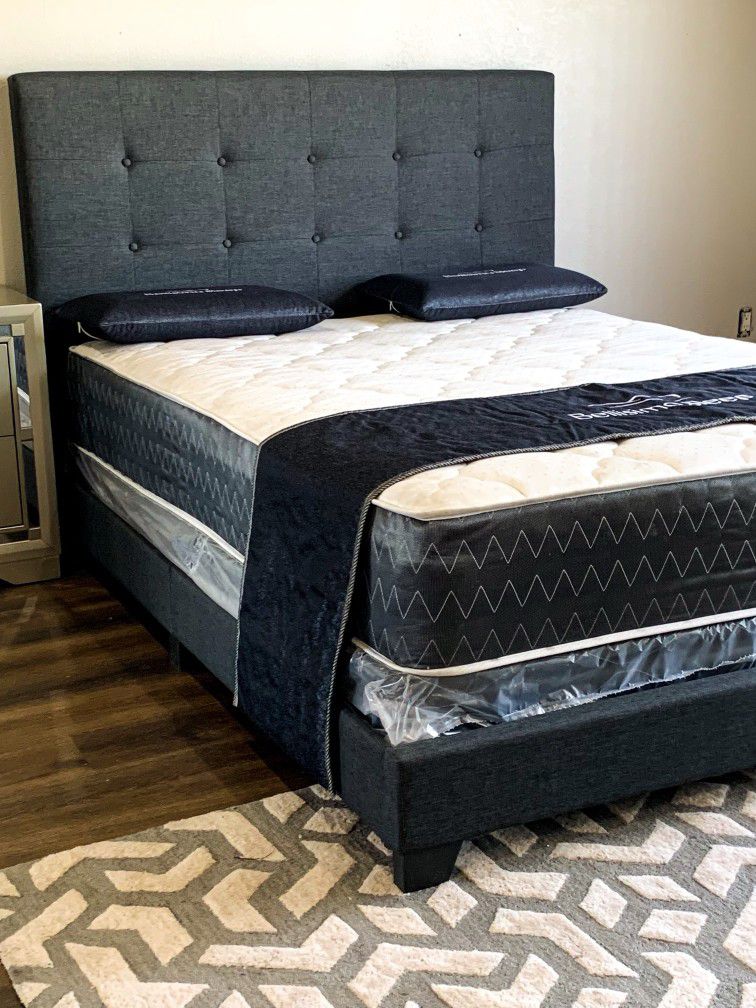 New Dark Grey Bed Frame With Mattress And BoxSpring.  (And A Free Delivery)