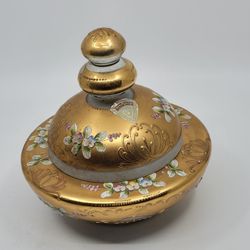 Vintage Bohemian Czech Art Glass Covered Lidded Bowl Gold Raised Enamel 
Floral. Pre-owned, very good shape, no chips or cracks. Display item. 
Please