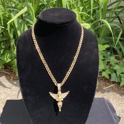 Gold Chain Cuban Link Necklace 24in 7mm And Icy Angel Pendant Set 