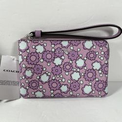 Coach Corner Zip Wristlet in Floral Print Silver/Lily Multi Coated Canvas NWT