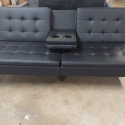 New Modern Futon Sofa  With Cups Holders Faux Leather Black 
