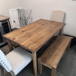 Hardwood Dining Table W/ Benches and Upholstered Chairs