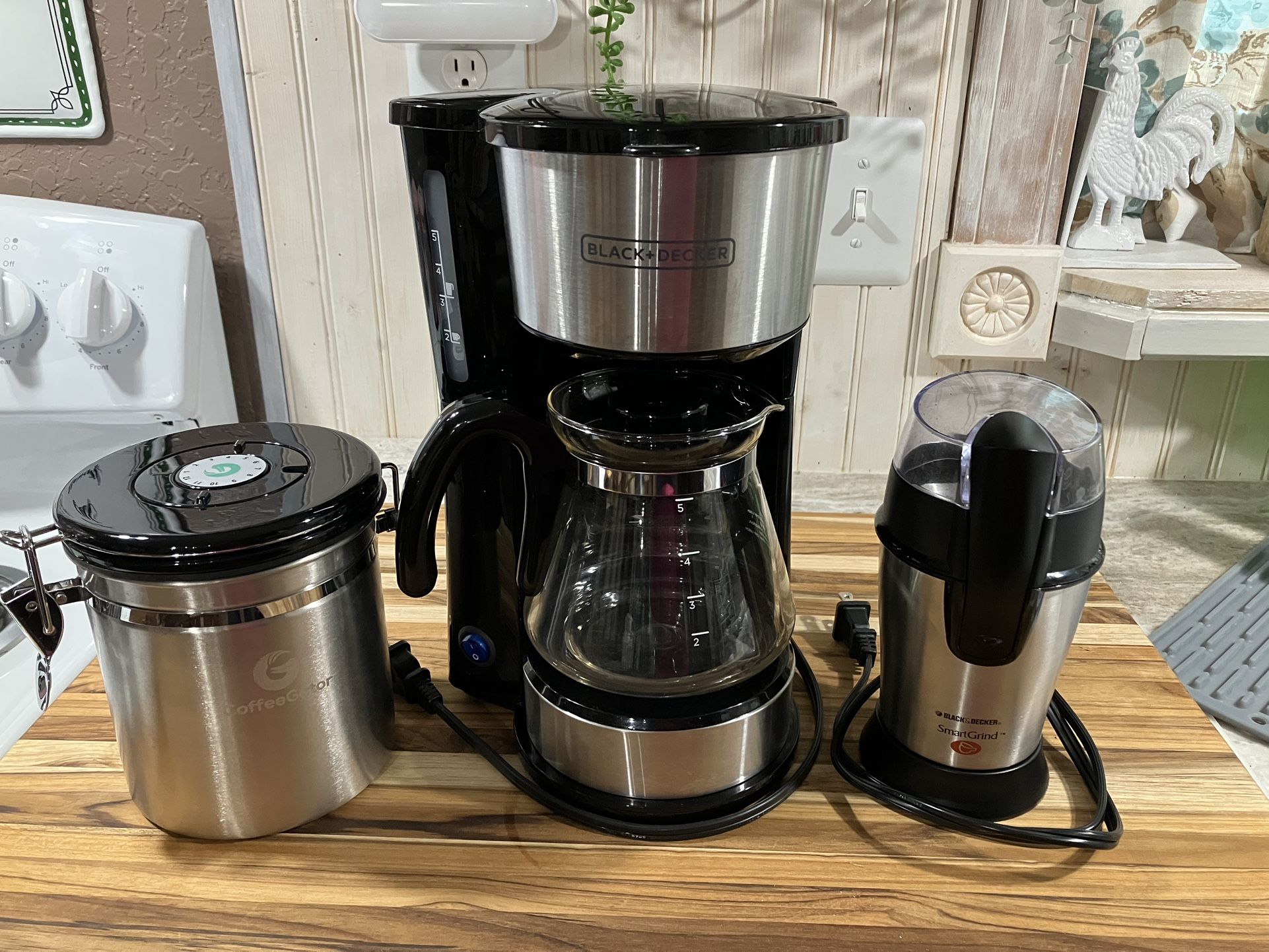 Stainless Steel Coffee Maker, Grinder, and Coffee Gator Set