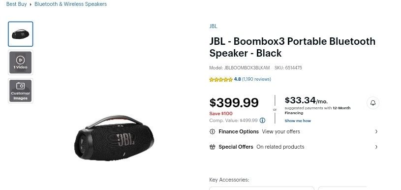 NEW JBL Boombox 3 Portable Waterproof Bluetooth Speaker - Black 