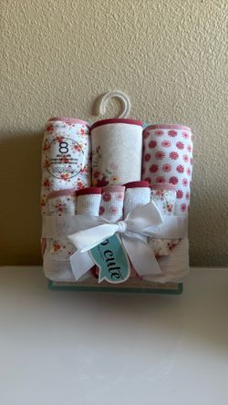 Baby Hooded Towel & Washcloth Set – 8 Piece – Floral Pink – New