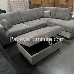 New 106” Plush Sectional Sofa With USB Charger,Cordoroy Couch, Grey Sofa, Grey Sectional, Grey Couch, Light Grey Sofa Couch And Storage Ottoman, Couch