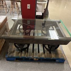 Industrial Cart-Style Coffee Table with Glass Top