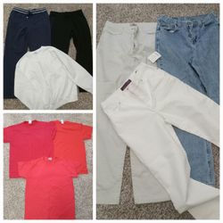 Lot of size medium clothes. 3 cotton t shirts. 2 comfy pants and a sweatshirt. And 2 pair of jeans 