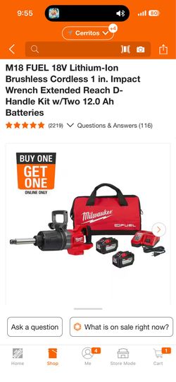 M18 FUEL 18V Lithium-Ion Brushless Cordless 1 in. Impact Wrench Extended Reach D-Handle Kit w/Two 12.0 Ah Batteries