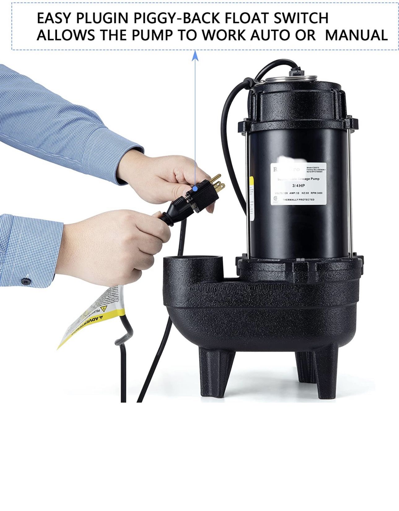3/4 HP Cast Iron Submersible Sewage Ejector Pump, Sewer Pump, Septic Tank Pump, With 10 Ft. Css075