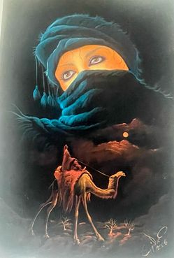 MIDDLE EASTERN  26” X 18” MID CENTURY BLACK VELVET PAINTING OF BEDOUIN WOMEN AND CAMEL SIGNED AND FRAMED