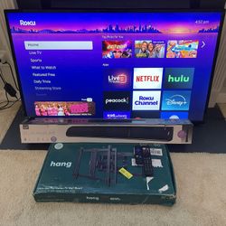 55” PHILIPS 4K UHD LED TV + ROKU + BRAND NEW SOUNDBAR + NEW/OPEN BOX FULL MOTION WALL MOUNT