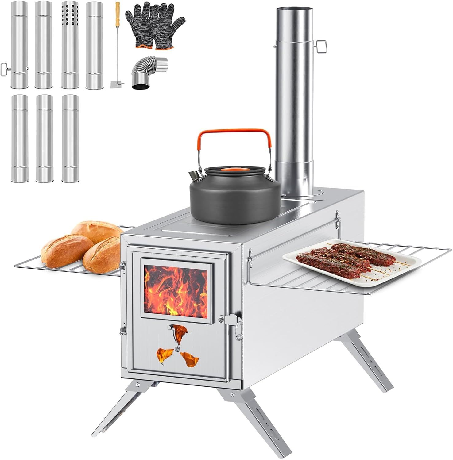 Wood Stove - Wood Burning Stove, Portable Tent Stove, Stainless Steel Camping Stove with Chimney Pipes & Gloves, Hot Tent Stove for Outdoor Heating &