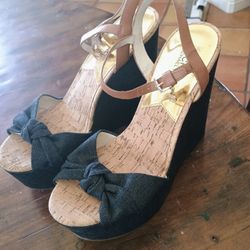 Michael Kors Benji Dark Denim Leather Platform Charm Wedge