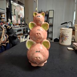 3 Stacked Pigs Ceramic Piggy Bank W/ Pink Glaze, Whimsical Take On The Traditional Piggy Bank, Decorative & Functionable 9"H Mid 20th Century (Missing