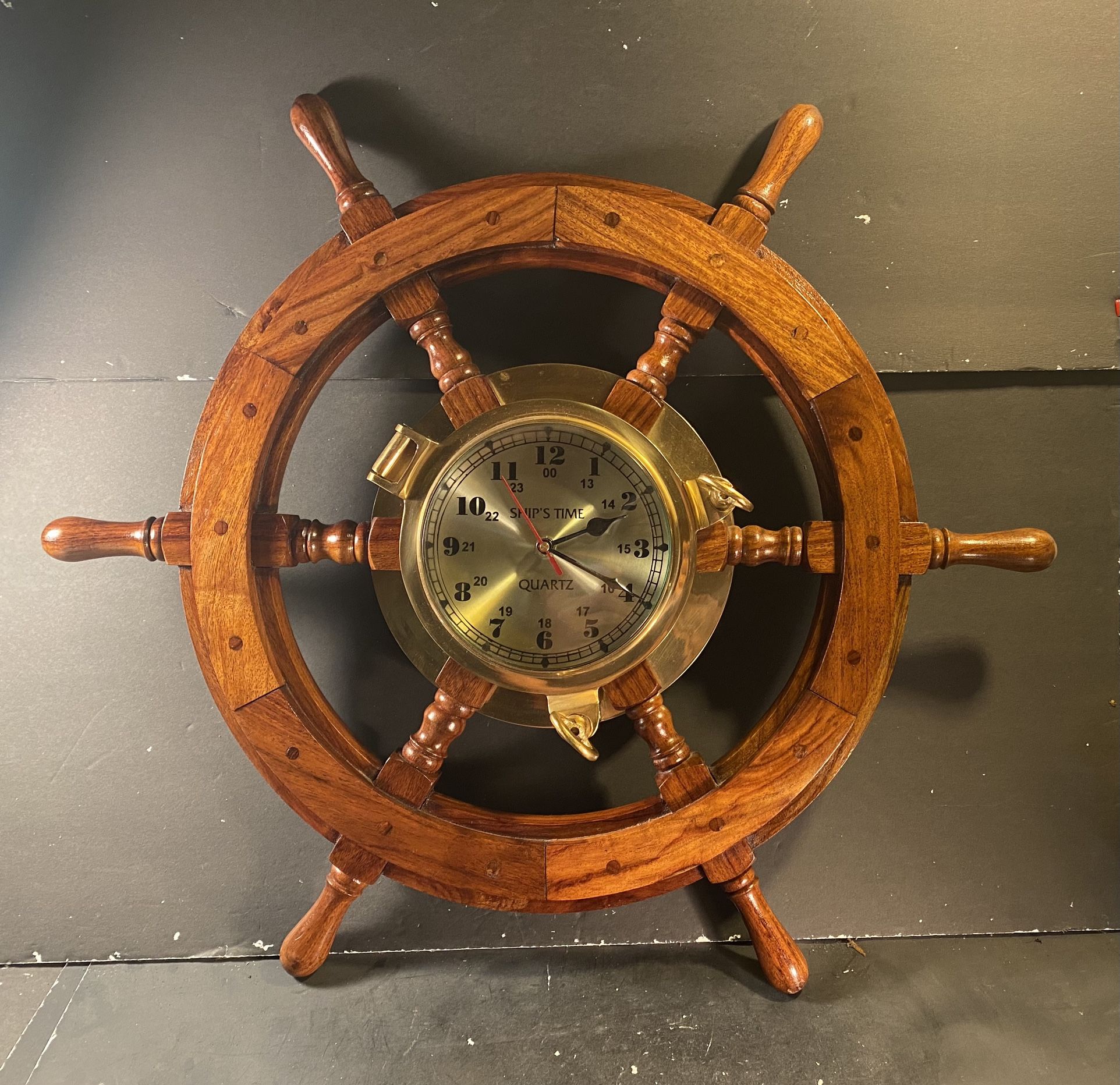 Wood/Brass Nautical Maritime Ship-Wheel w/Porthole Wall Clock (Diameter: 24”)