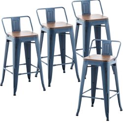 30" Metal Bar Stools Set of 4 Counter Height Barstools, Industrial Counter Stool Kitchen Bar Chairs with Modern Wooden Seat, Distressed Navy