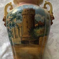 Antique Style Ceramic Vase A Hand- Painted Scenic Landscape Of A Castle And Characteristic Of Late 19th To Early 20th Century European  Porcelain 
