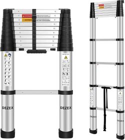 DEZEX 10.5 FT Aluminum Telescoping Ladders - One-Button Retraction Collapsible Extension Ladder for Home,RV,Attic & Loft, Lasts 330 LBS wit