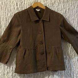 J. Jill: Brown Linen Jacket, Empire Waist, Pockets, 3/4 Length Sleeves, Size: SP