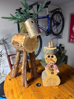 Rustic Wood Log Reindeer and Snowman Set