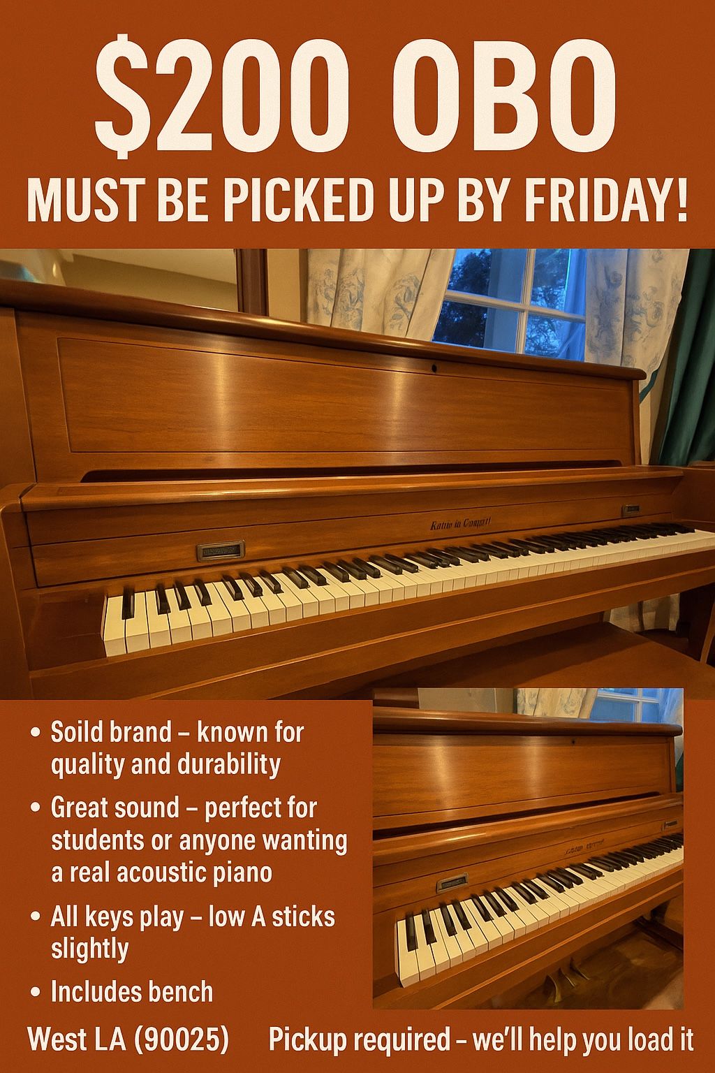 πΉ Kohler & Campbell Upright Piano β $200 OBO β Must Be Picked Up by Friday!