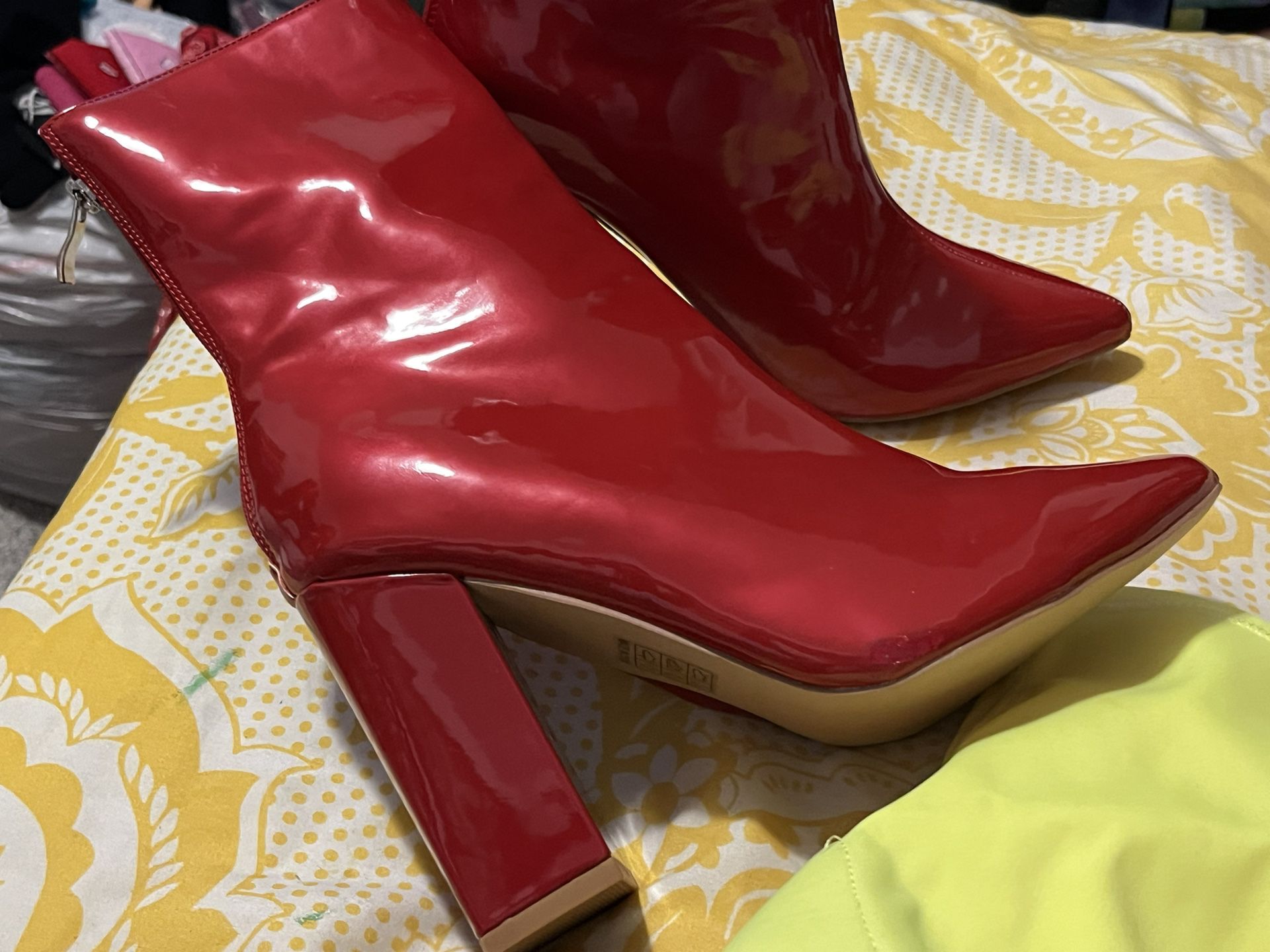 Red Boots patient Leather..Size 5...$65 Zipper in the back.. New!!) (Lime green hi heels boots size 7..$45 