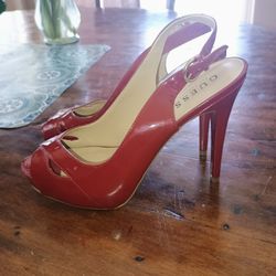 Guess Jelani Patent  Coral Red Peep Heels 9