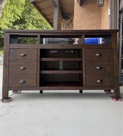 Dark Wood TV Stand with Drawers and Shelves