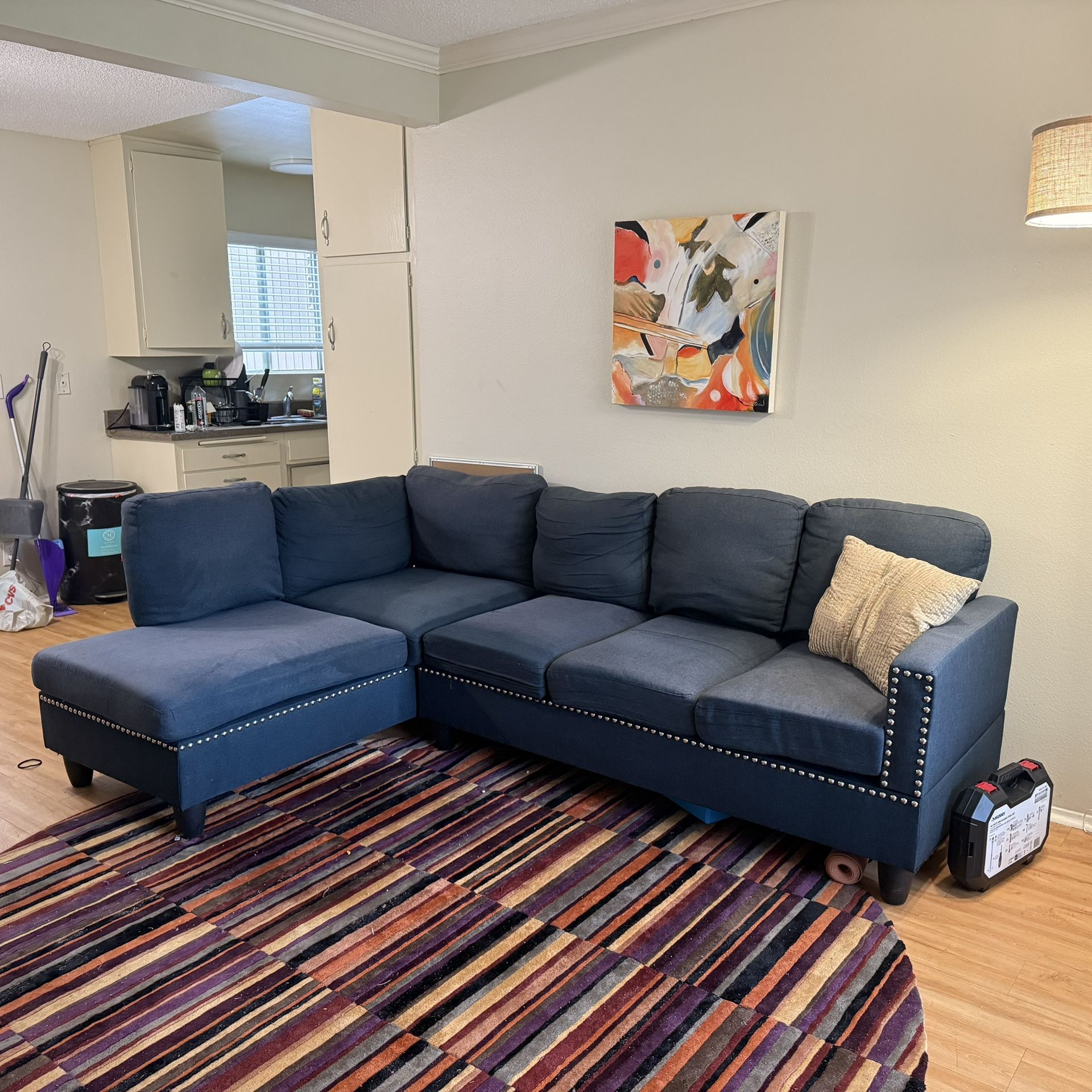 Dark Blue Studded Sectional Couch