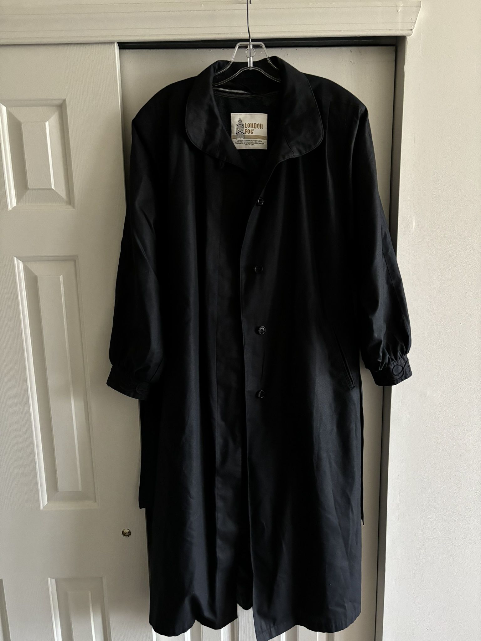 London Fog Woman’s Vintage Trench Coat/ Rain Coat, black, size 8, overall length 48”, belted, zippered lining, 4 button, very good condition
