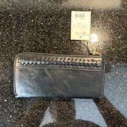 JEN & CO Gia Braided Detail Zip-Top Wallet 8x4.25” Multi-Compartment Black