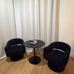 Two Velvet Swivel Barrel Chairs And Table