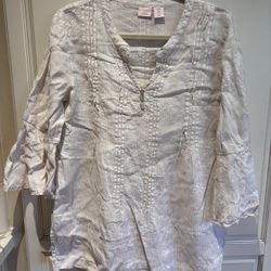 St. Tropez Linen Cream Tunic with Ruffled Neckline and Embellished Sleeves